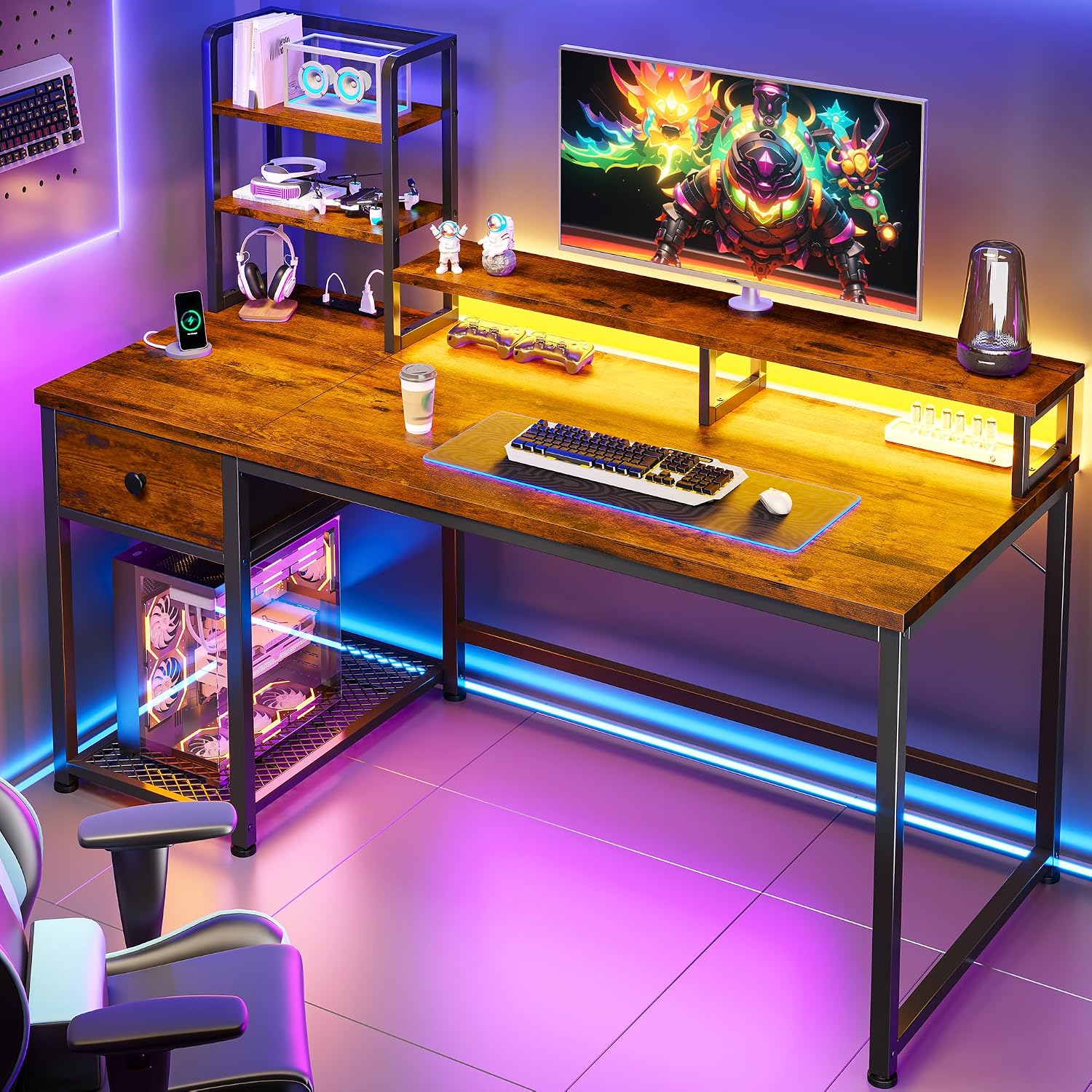Desk Setup Brown - Genç Odası Oyun Kurulumu İçin Çekmeceli